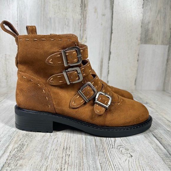 New Aerosoles Arezzo Faux Brown Suede Biker Bootie with Buckles #723 - Picture 6 of 13